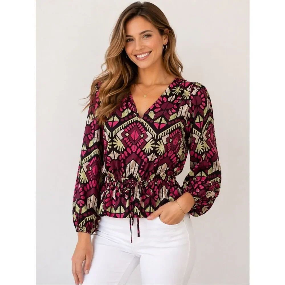 NWT Elizabeth James Boho Chic Pink Geo Print Peplum Top Tie Waist Small